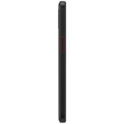Ein schwarzes Smartphone mit geriffeltem Design und roter Taste an der Seite, vertikal dargestellt.