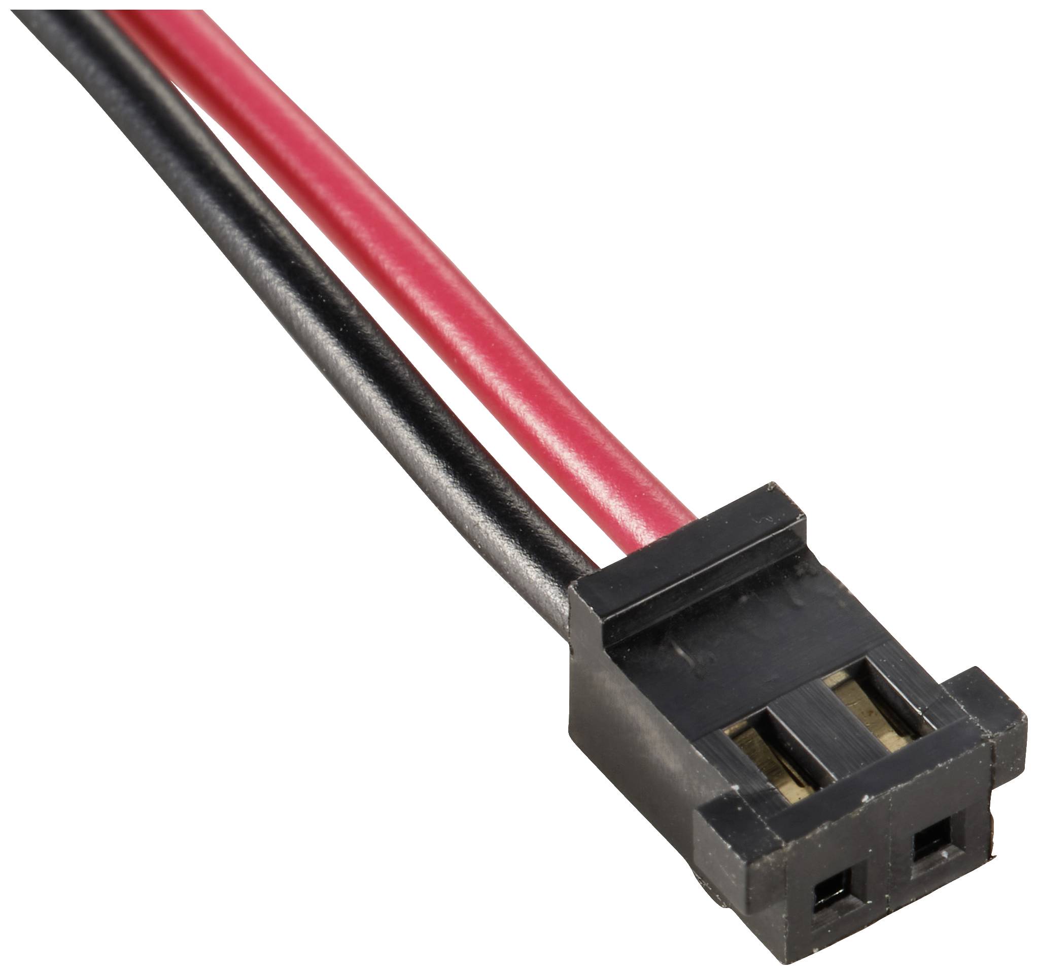 Ein schwarzer und ein roter Kabelstrang enden in einem rechteckigen, zweipoligen Kunststoffstecker.