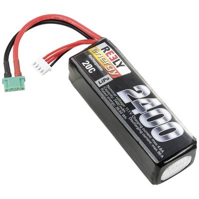 LiPo-Akku mit 2400 mAh Kapazität, schwarze Verpackung, rote und schwarze Kabel und grüner Anschlussstecker.