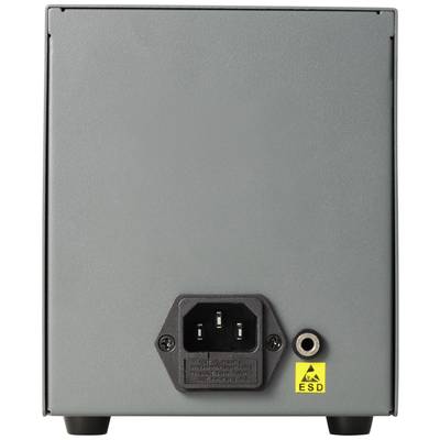 Rückseite eines elektronischen Geräts mit einem Netzkabelanschluss unten in der Mitte und einem gelben ESD-Warnhinweis rechts daneben.