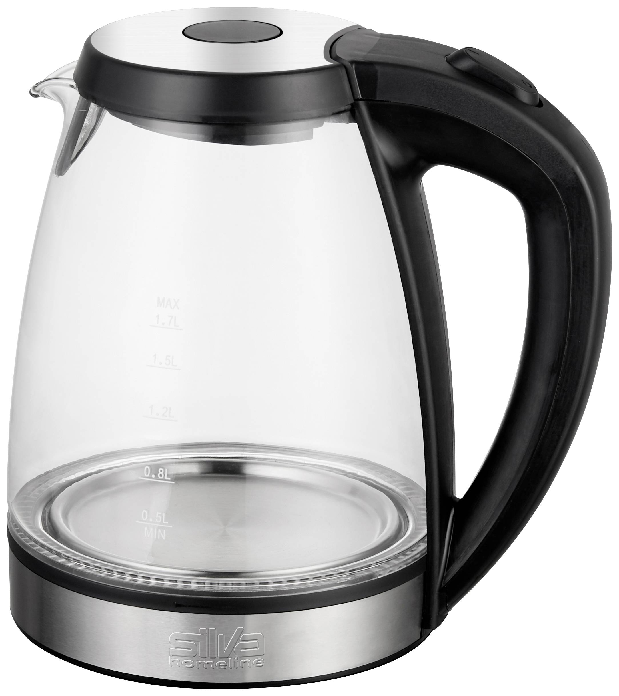 Prozoren grelnik vode s sivim ročajem in podstavkom. Preusmeritev na kategorijo grelniki vode