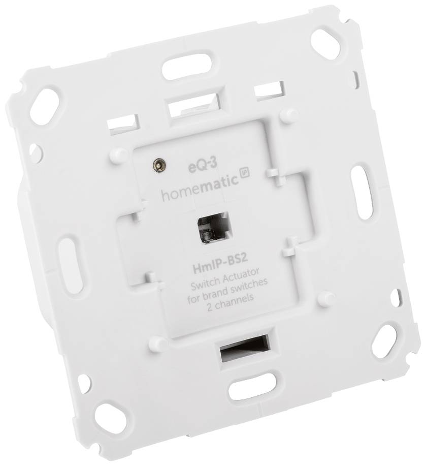 Ein weißer Homematic eQ-3 Schaltaktor mit zwei Kanälen, passend für verschiedene Schalterprogramme, in quadratischer Form.