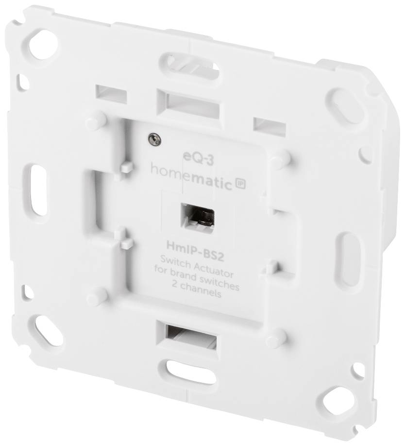 Ein weißer Unterputz-Schaltaktor für Markenschalter mit zwei Kanälen, geeignet für Hausautomatisierungssysteme.