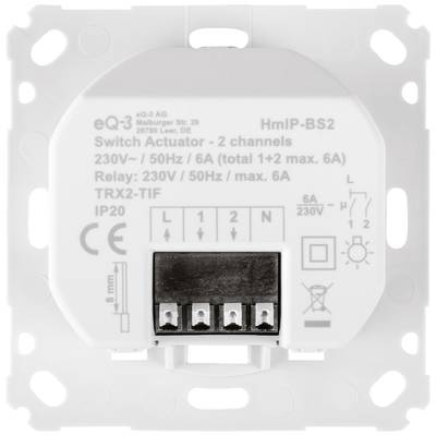 Schalteraktor mit 2 Kanälen und integrierter Verkabelung. Spannung: 230V / 50Hz, max. 6A. Aufgedruckte Symbole und technische Daten.