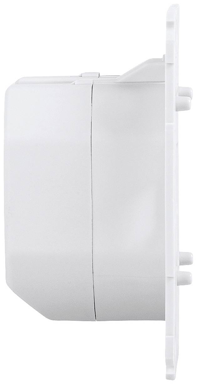 Weiße Kunststoffabdeckung mit seitlichem Profil, vermutlich für eine Wandinstallation vorgesehen.
