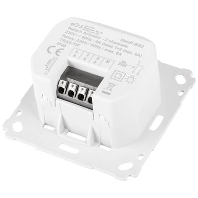 Ein weißer Schaltaktor mit 2 Kanälen, geeignet für 230V/50Hz, max. 6A. Zeigt Anschlussklemmen und technische Details auf der Vorderseite.