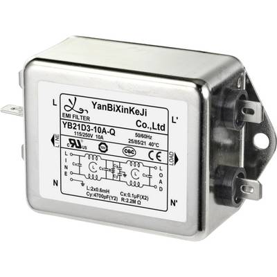 'EMI-Filter YB21D3-10A-Q, 115/250V, 10A, 50/60Hz. Schaltplan und elektrische Spezifikationen auf dem Etikett. Metallgehäuse mit Anschlüssen.'