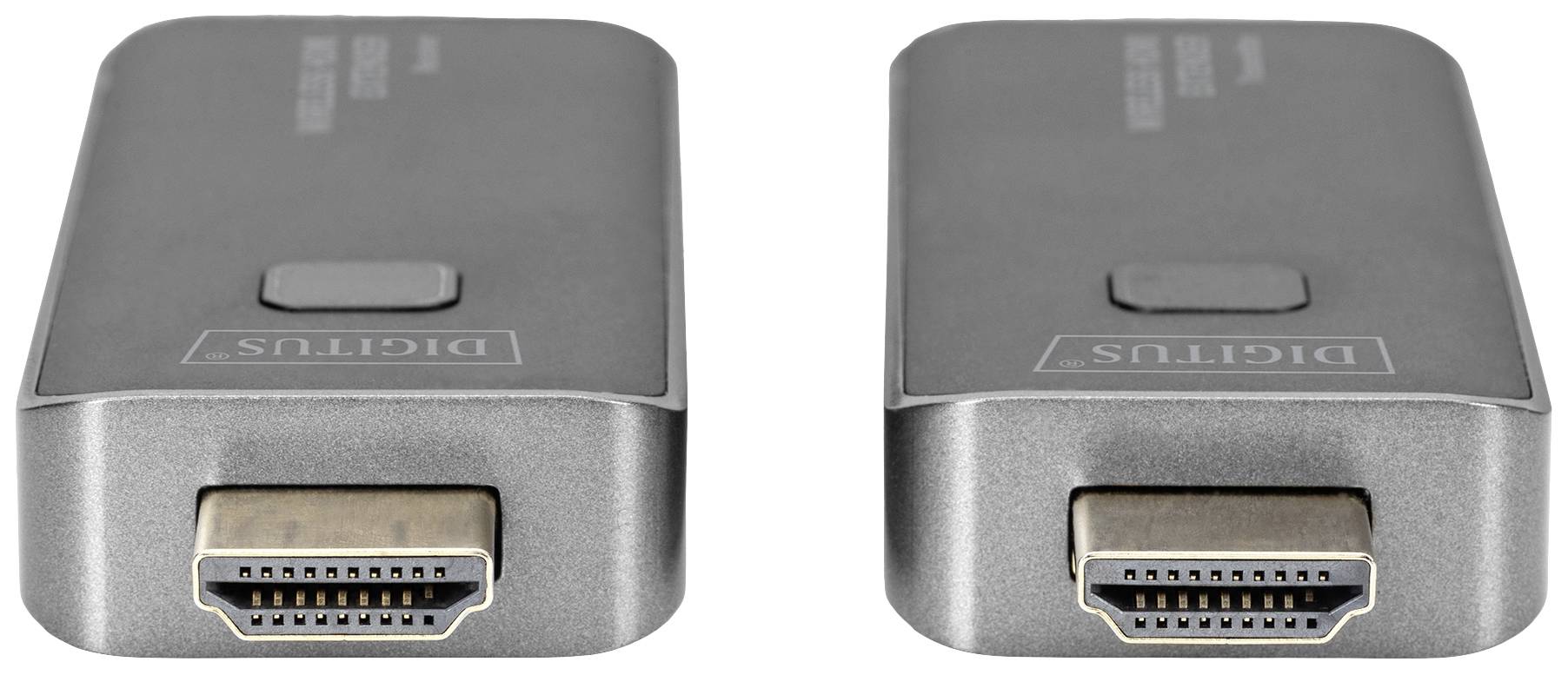 Zwei graue HDMI-Adapter, nebeneinander, zeigen die HDMI-Anschlüsse. Ideal für Verbindungen zwischen Geräten und Bildschirmen.