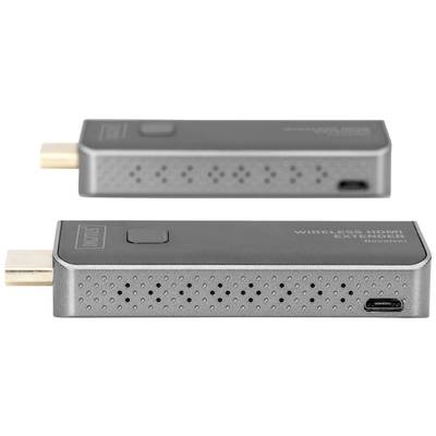 Ein kabelloser HDMI-Extender mit zwei Geräten in grauer Farbe. Eins hat einen USB-Anschluss, beide haben HDMI-Stecker.