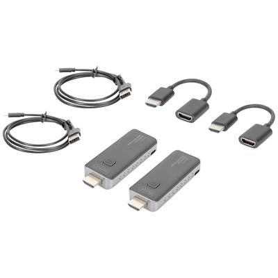 Zwei HDMI-Signalverstärker, zwei kurze Adapterkabel und zwei längere HDMI-Kabel auf weißem Hintergrund, zur Signalübertragung.