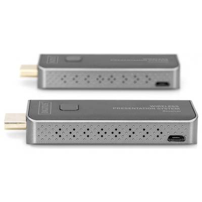Zwei schwarze drahtlose Präsentationssystem-Empfänger mit HDMI-Anschlüssen, geeignet für Präsentationen oder Medienübertragungen.