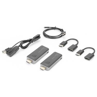 Ein drahtloses HDMI-Übertragungsset mit zwei HDMI-Sendern, einem USB-Kabel, drei kurzen HDMI-Adaptern und einem Audiokabel.