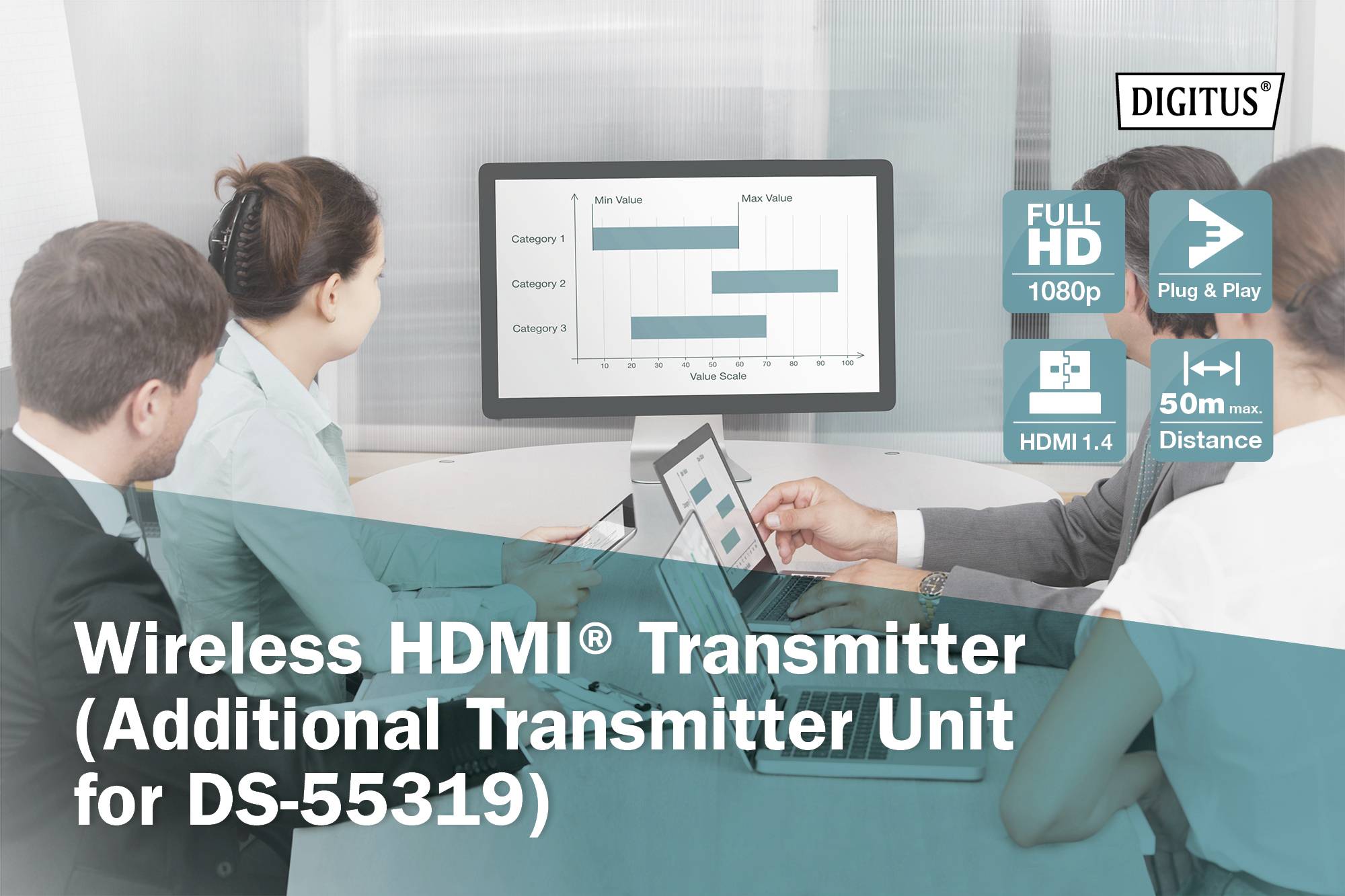 Eine Gruppe von Personen betrachtet einen Monitor mit einem Balkendiagramm und Produkten, Beschriftung: 'Wireless HDMI® Transmitter'.