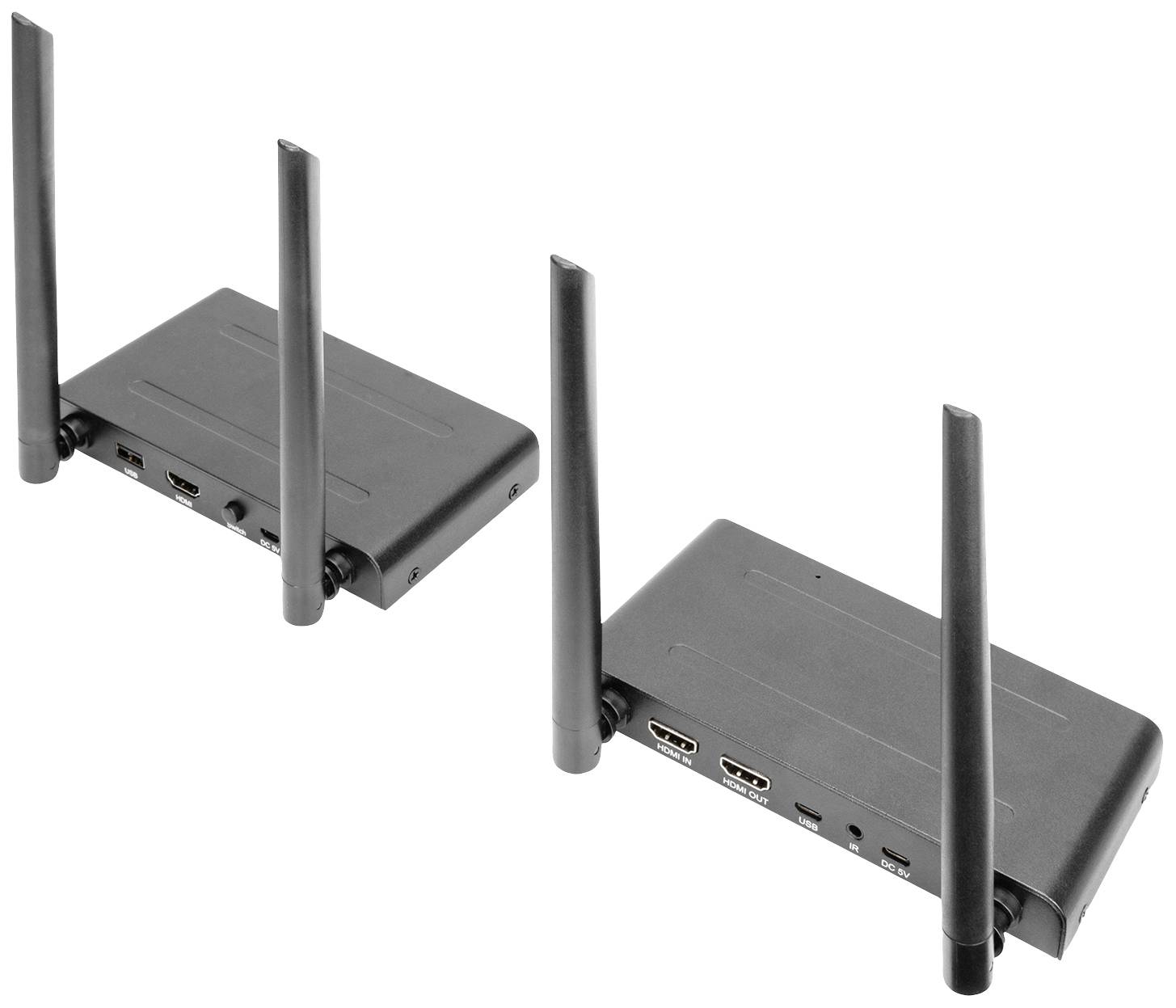 Zwei schwarze Router mit je drei Antennen und mehreren Anschlussmöglichkeiten auf der Vorderseite, auf einem weißen Hintergrund.