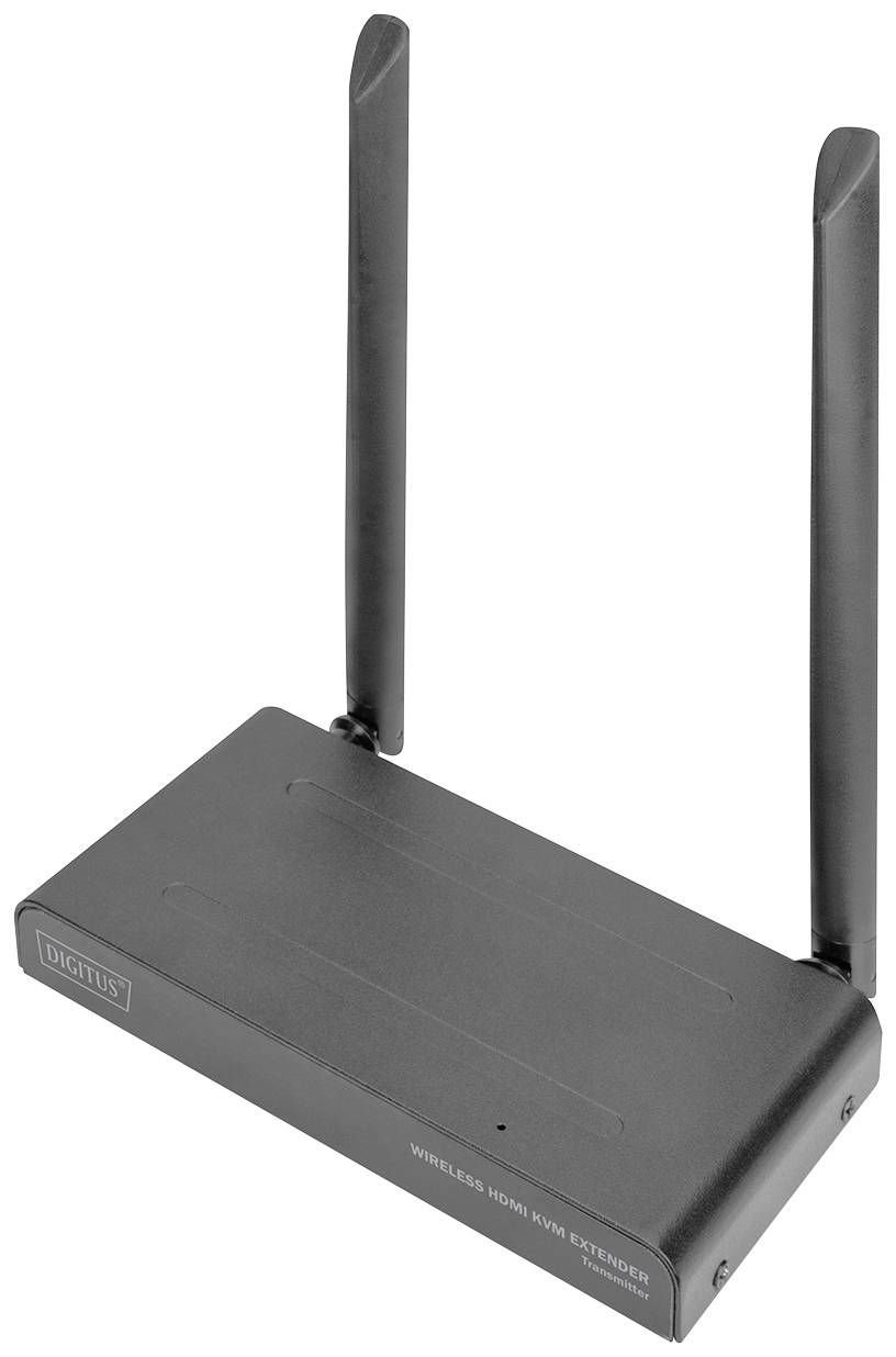 Ein schwarzer WLAN-HDMI-KVM-Extender mit zwei Antennen, dient zur drahtlosen Übertragung von HDMI- und KVM-Signalen über größere Distanzen.