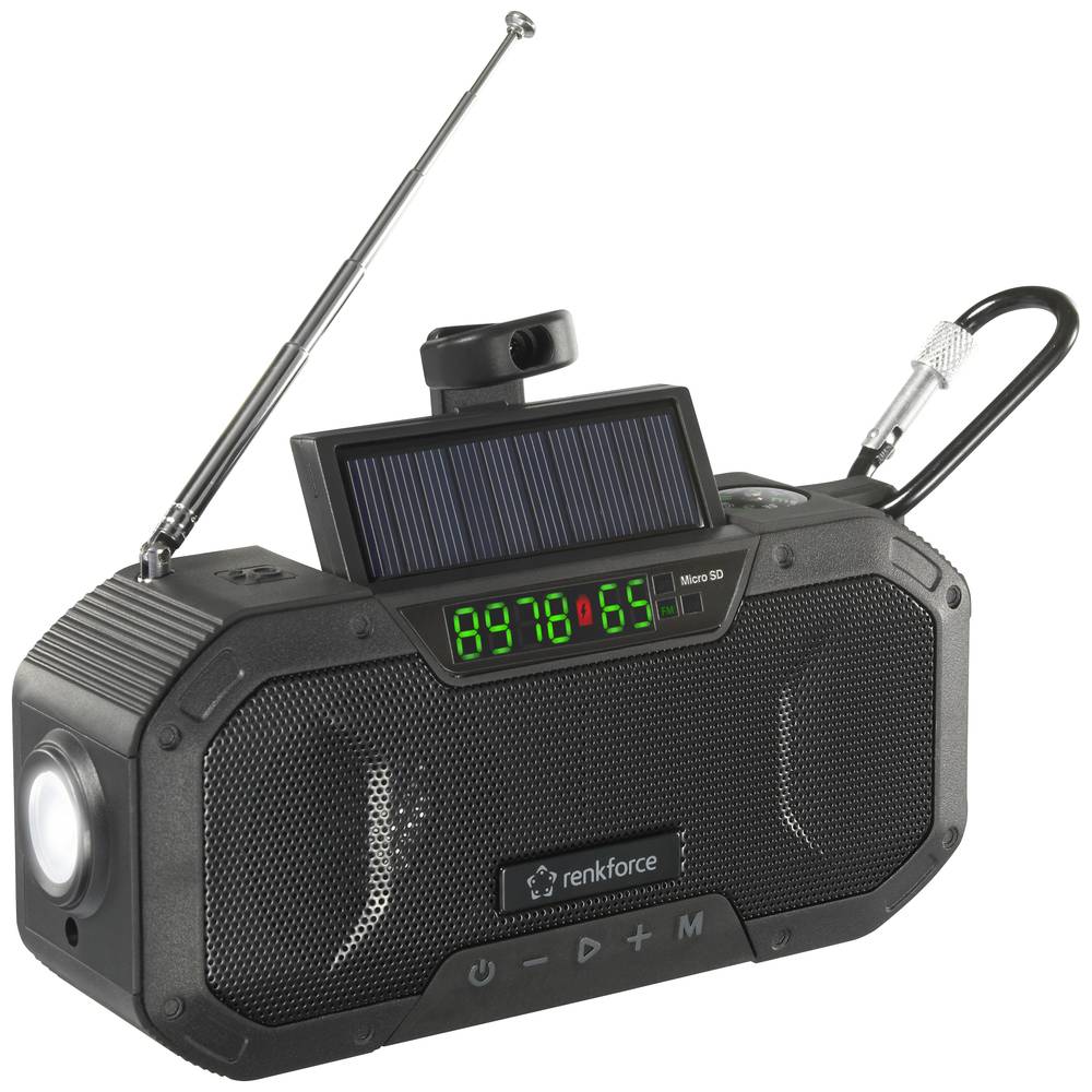 Renkforce RF-CR-300 Outdoorradio VHF (FM), Middengolf Noodradio, Bluetooth, SD Oplaadbaar, Zonnepaneel, Handslinger, Zaklamp Zwart