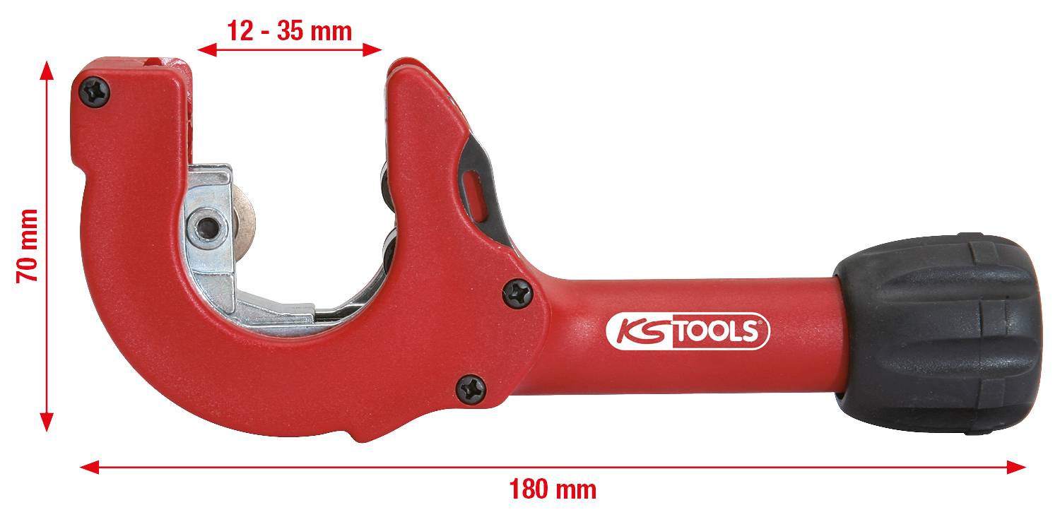 Rotes Rohrschneidewerkzeug mit schwarzem Griff. Maße: 180 mm Länge, 70 mm Höhe. Schneidebereich 12 - 35 mm.
