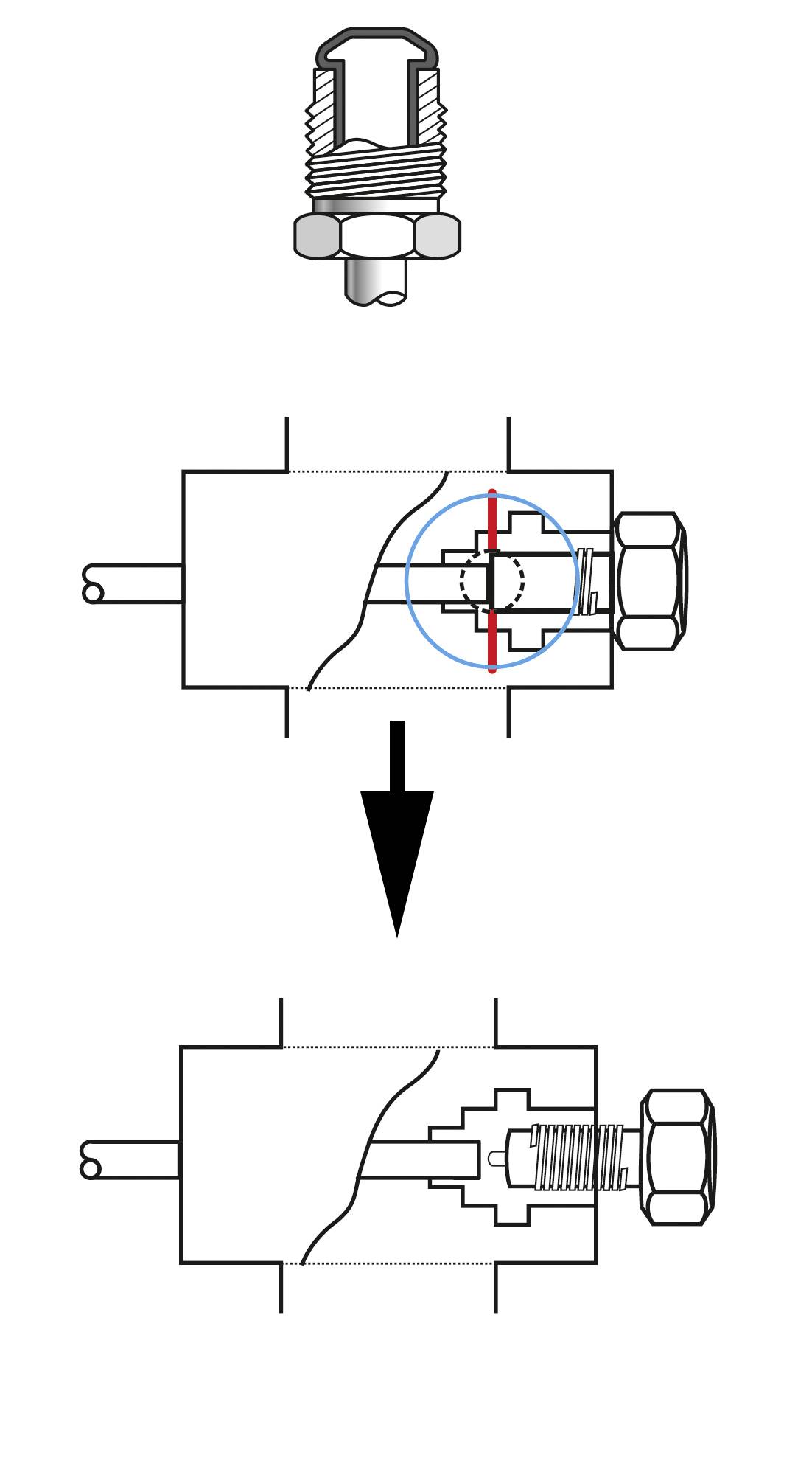 Ein Diagramm zeigt die Montage eines Bauteils in ein Gehäuse, mit einem Pfeil, der den Einfügevorgang verdeutlicht.