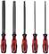 Fünf rote Handfeilen mit schwarzen Griffen, in unterschiedlichen Formen, aufrecht nebeneinander aufgestellt. Markenname auf den Griffen sichtbar.