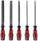 Fünf Feilen mit roten und schwarzen Griffen, in verschiedenen Formaten: flach, rund, dreieckig, viereckig und halbrund.