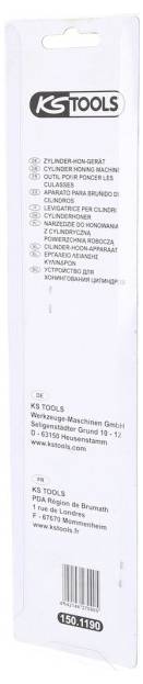 Eine weiße Verpackungsbox für KS Tools, die Kontaktdetails, Artikelnummer (150.1190) und verschiedene Sprachen zeigt, die Werkzeugbeschreibungen oder -anweisungen andeuten.