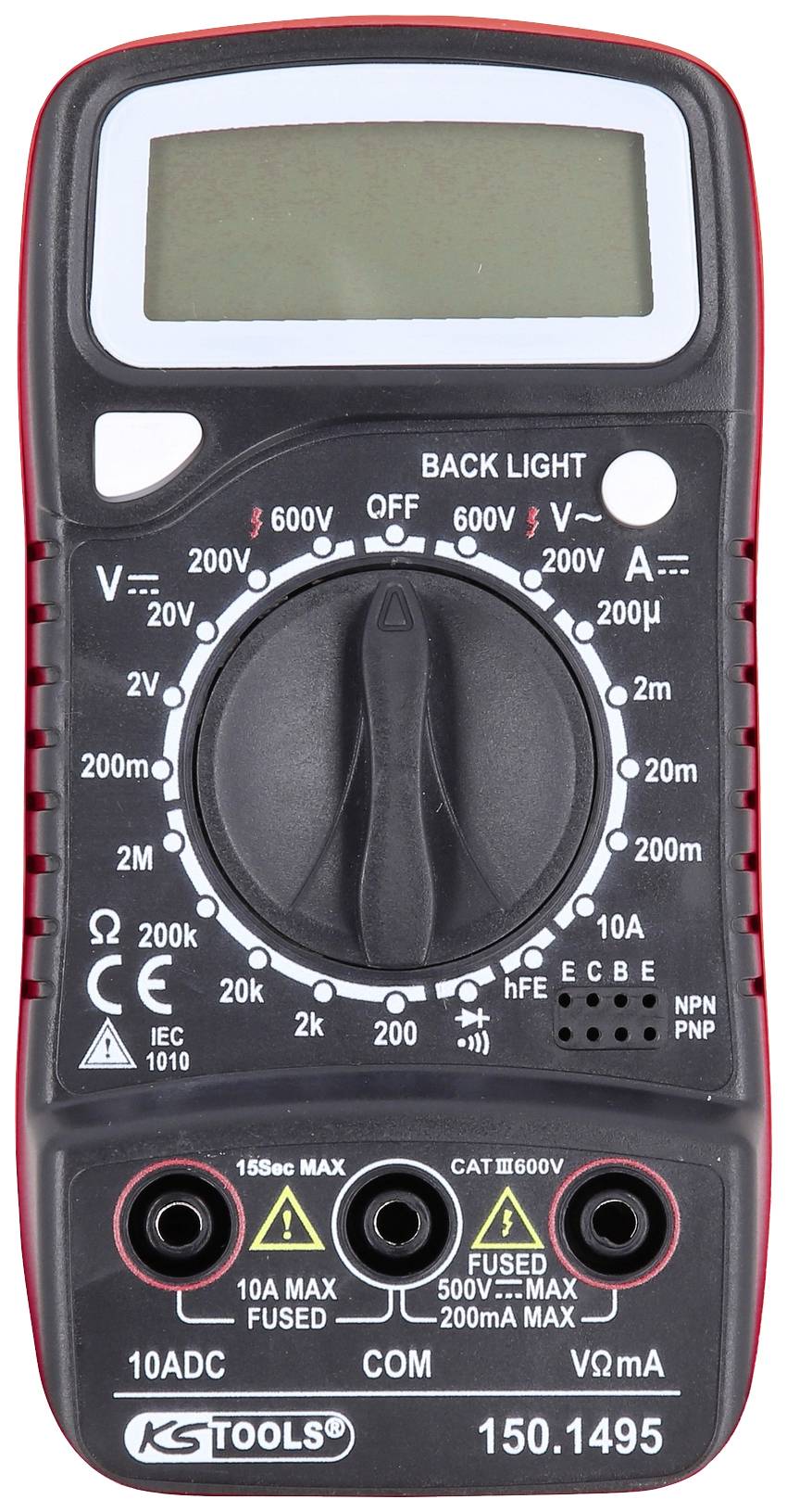 Ein digitales Multimeter mit Drehschalter für Spannungs-, Strom- und Widerstandsmessungen (Marke unkenntlich gemacht).