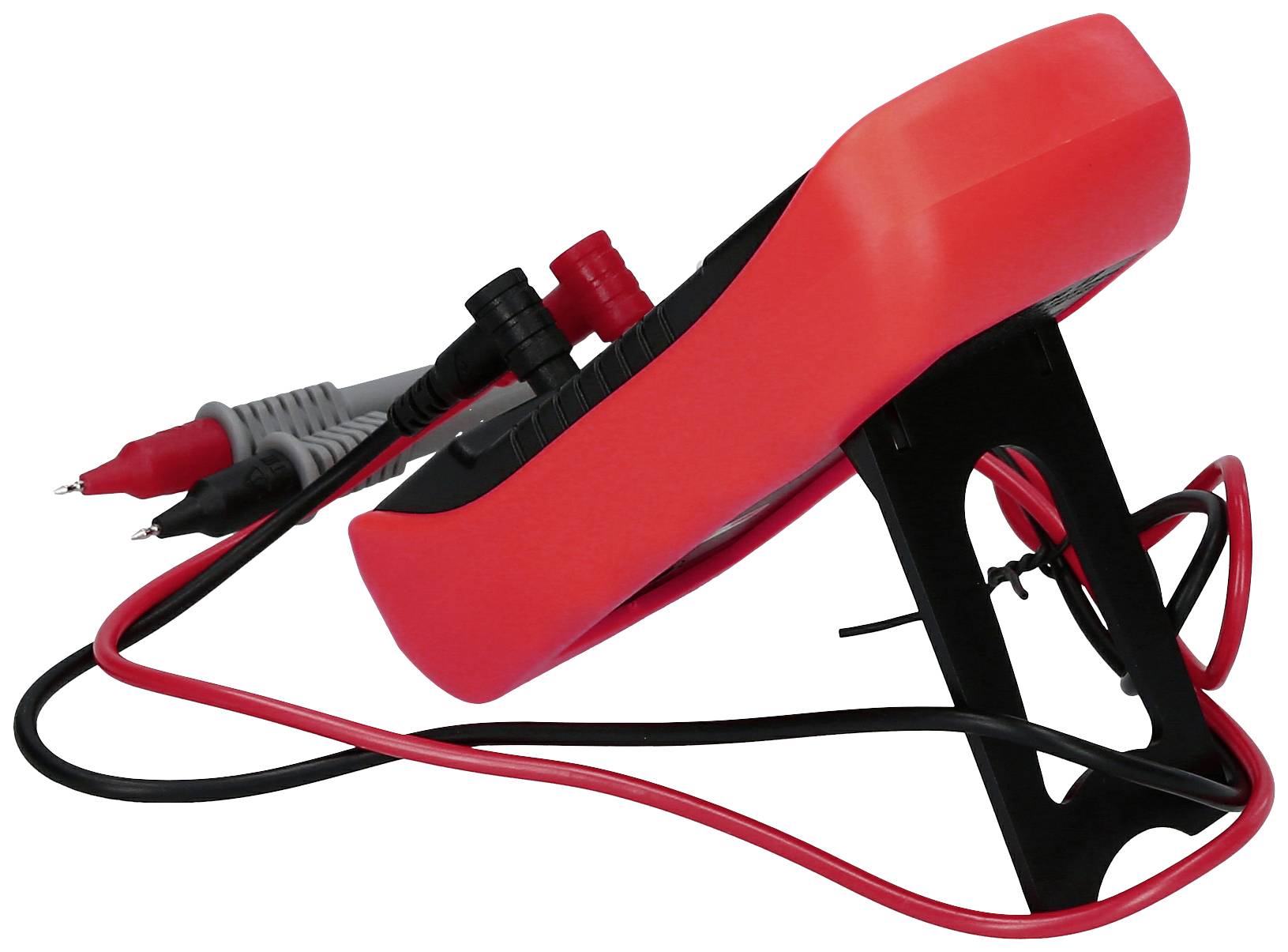 Rotes digitales Multimeter mit Messkabeln, auf einem Ständer platziert. Wird zur Messung von elektrischen Werten wie Spannung und Strom genutzt.