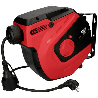 Ein rotes automatisches Kabelaufrollgerät von 'KS Tools' an der Wand montiert, mit einem schwarzen Stromkabel und Stecker.