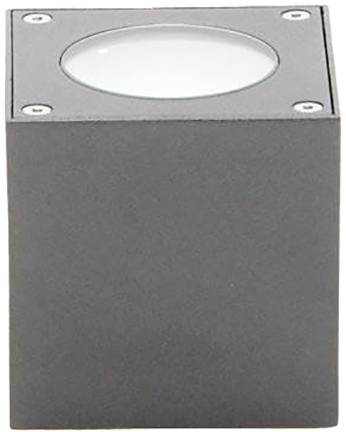 Grau-schwarze, quadratische Außenleuchte mit Glasabdeckung oben. Klare, minimalistische Designästhetik für moderne Außenbereiche.