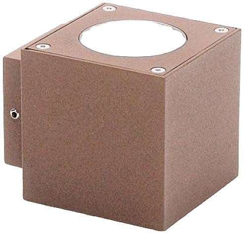 Eine würfelförmige Außenlampe aus braunem Metall zur Wandmontage mit runder Öffnung oben, geeignet für direkte und indirekte Beleuchtung.