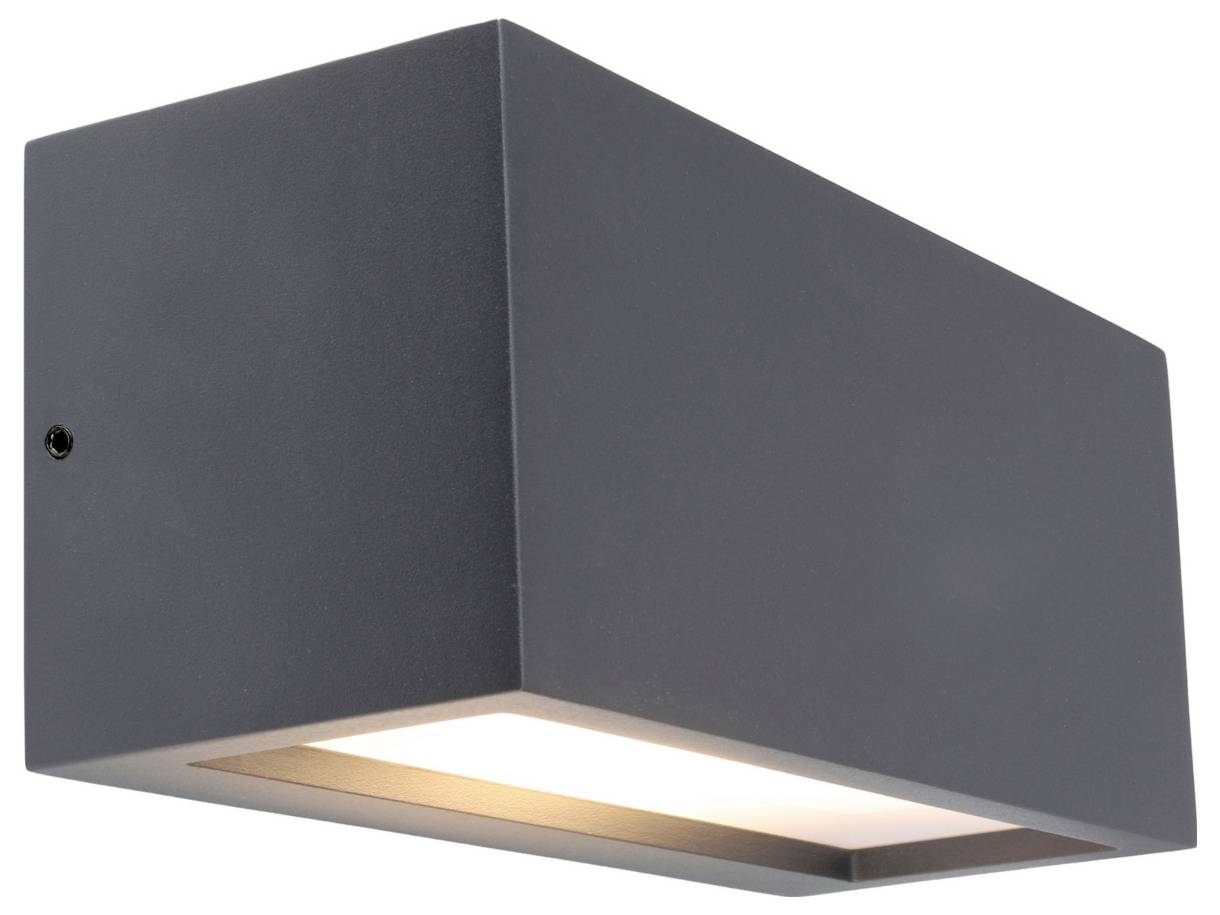 Moderne rechteckige graue Wandleuchte mit warmem Licht aus der unteren Öffnung.