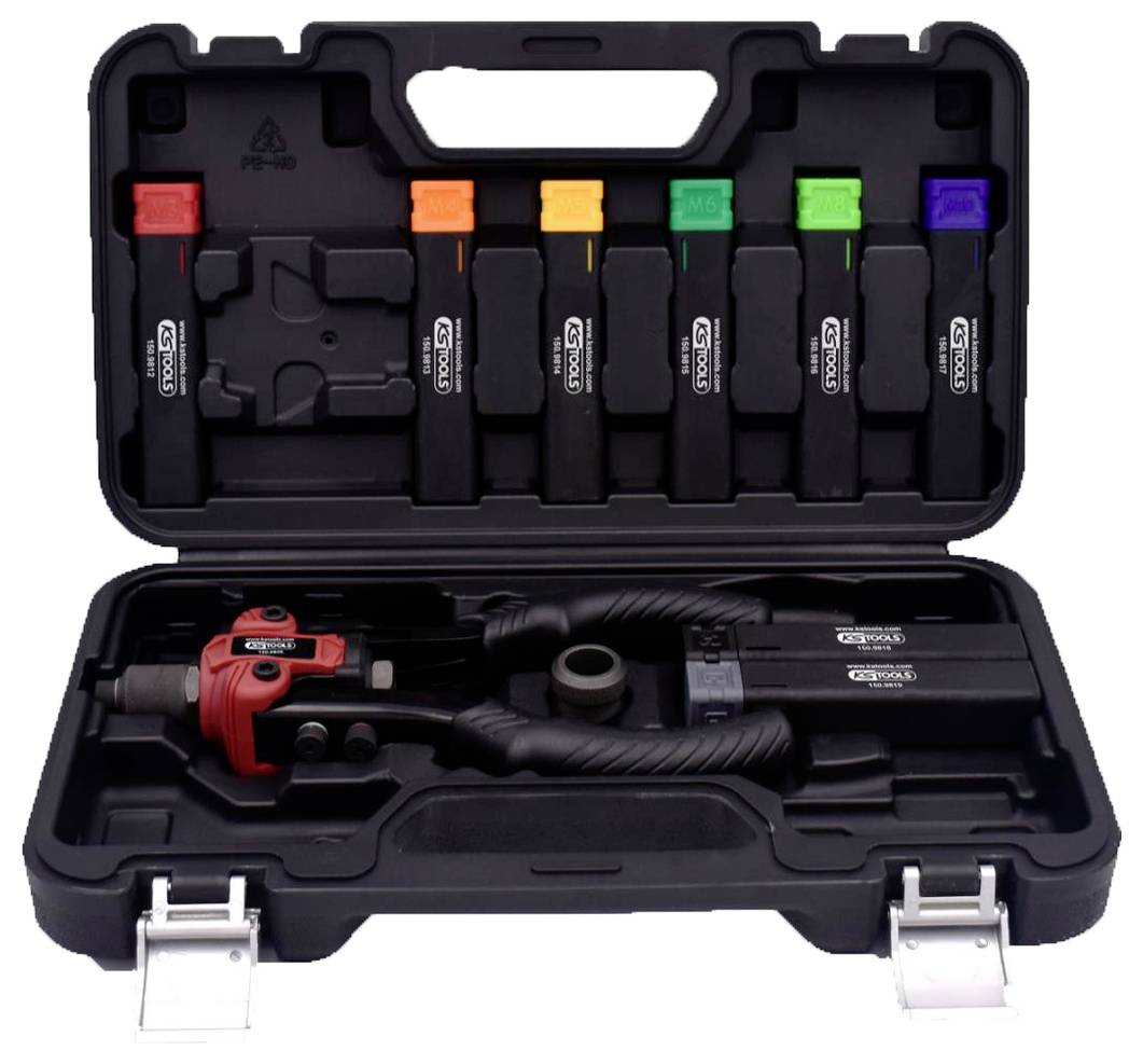 Werkzeugkoffer mit manuellem Rohrbiegegerät und sechs farbkodierten Einsätzen in verschiedenen Größen, geeignet für diverse Rohrdurchmesser.