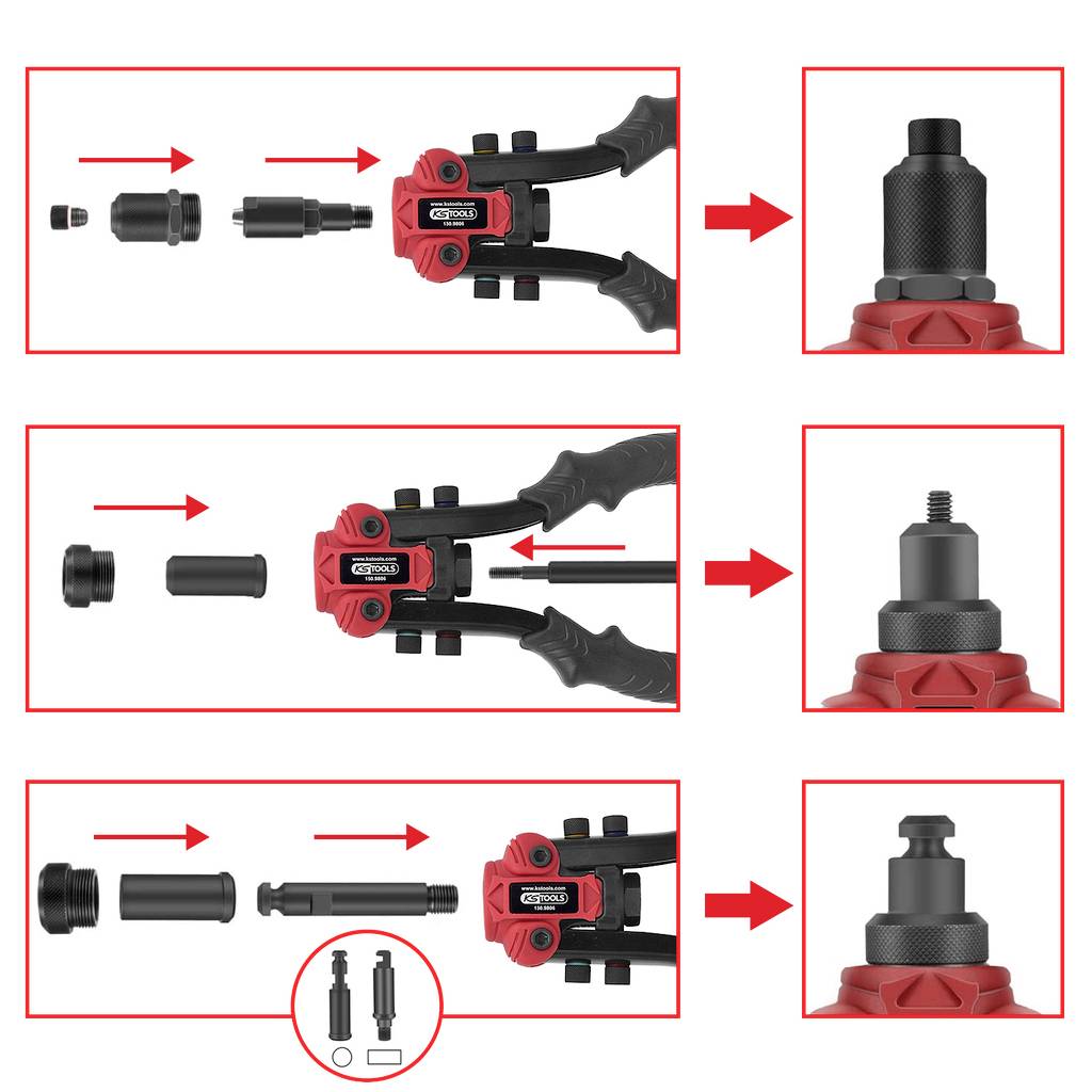 'Illustration eines Werkzeugs zur Installation von Gewindeeinsätzen. Schritte zeigen den Zusammenbau mit Einzelteilen.'