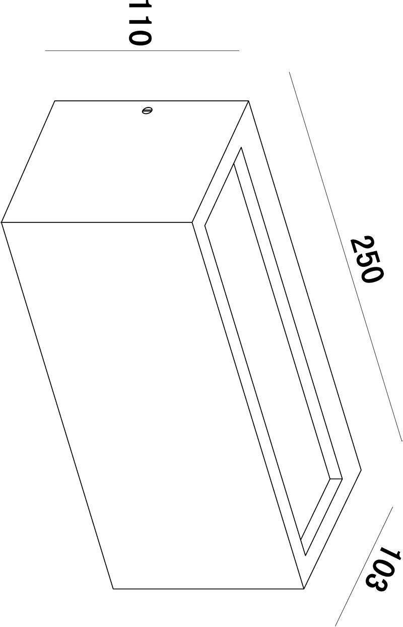 3D-Isometrie-Skizze eines rechteckigen Kastens mit den Maßen: Höhe 110, Breite 250, Tiefe 103.