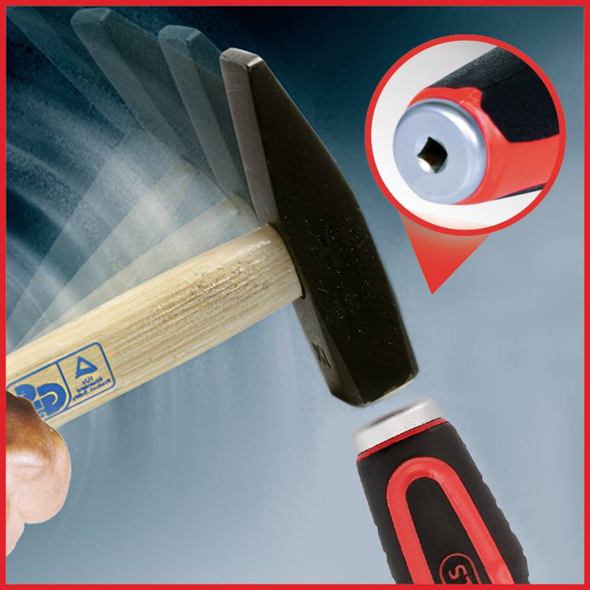 Ein schwarzer Hammer mit rotem Griff wird geschwungen. Detailbild zeigt Hammerkopf mit sechseckiger Vertiefung.
