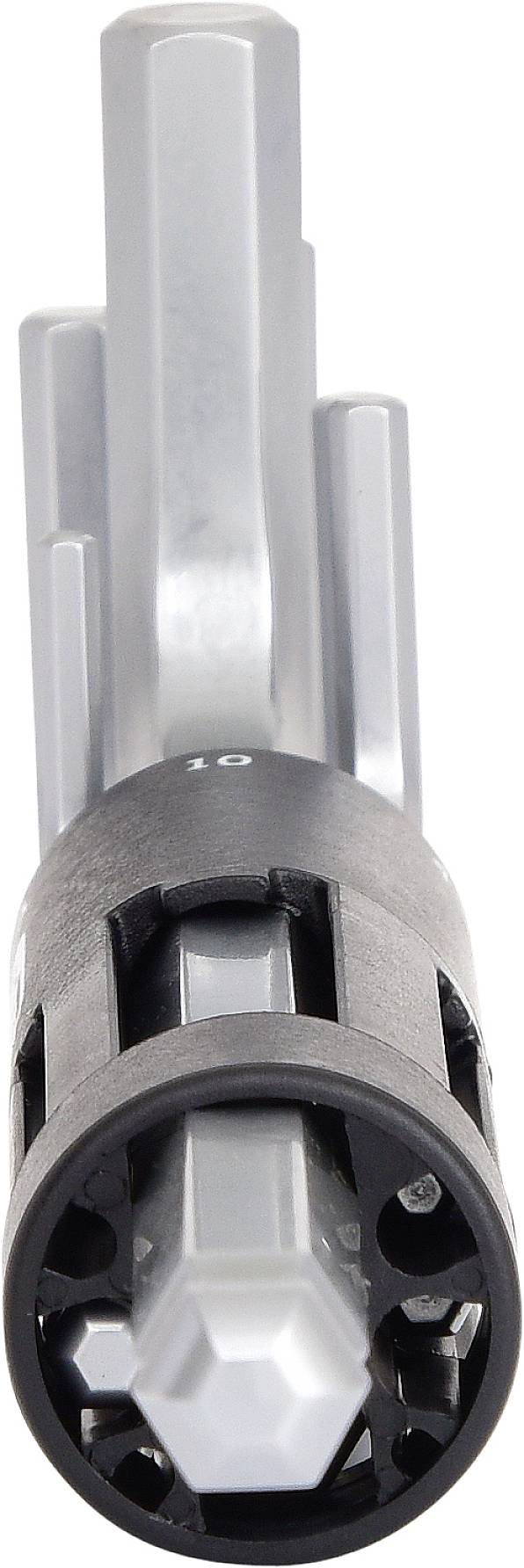 Ein graues, zylindrisches Werkzeug mit mehreren abgestuften Ebenen und schwarzem Kunststoffgriff, vermutlich ein Mehrkant-Schraubenschlüssel.