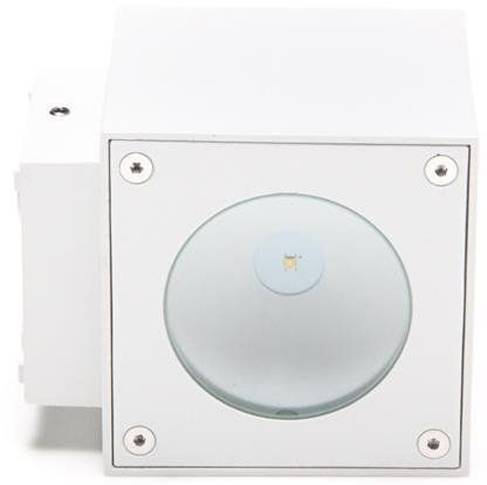 Ein weißes, quadratisches Gerät mit sichtbarer runder Linse in der Mitte, möglicherweise eine Kamera oder ein Sensor in einem Gehäuse.