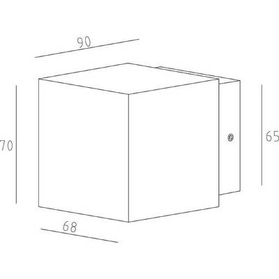 Strichzeichnung einer kubischen Wandlampe mit den Maßen: Höhe 90 mm, Breite 70 mm, Tiefe 68 mm, Wandhalterungshöhe 65 mm.