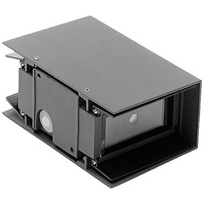 Ein rechteckiges, schwarzes Outdoor-Wandeinbaugehäuse aus Metall mit Glasscheibe, geeignet für die Installation von Leuchten.