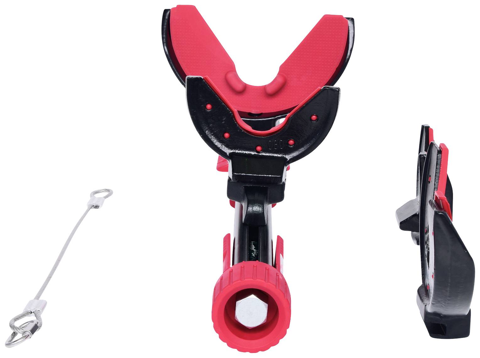 Ein roter und schwarzer Angelrutenhalter mit verstellbarer Halterung, seitlich ein Sicherheitskabel.