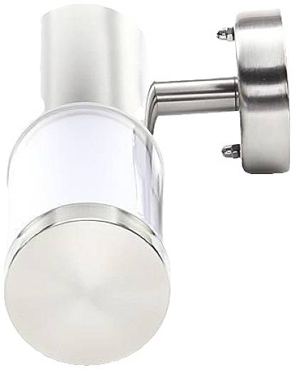 Eine moderne, zylindrische Außenwandleuchte aus Edelstahl mit glänzendem Finish und opalem Diffusor für gleichmäßige Lichtverteilung.