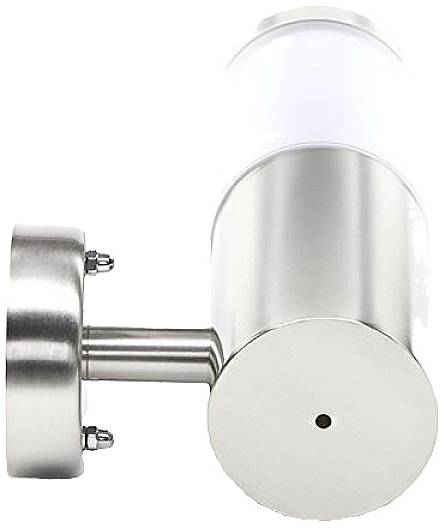 Runde, silberne Wandleuchte mit zylindrischem, weißem Diffusor. Ideal für moderne Innenräume.
