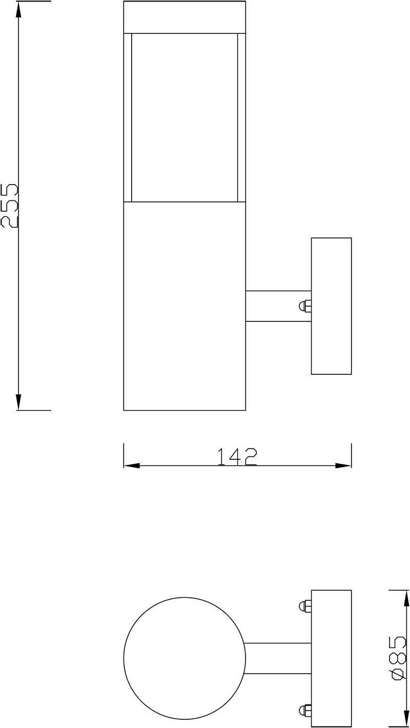 Die technische Zeichnung zeigt eine seitliche und frontale Ansicht einer Wandlampe mit den Maßen 253,5 mm Höhe und 142 mm Breite.