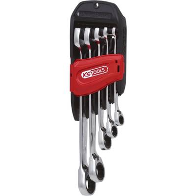 Ein Satz offener Ringschlüssel in einer Halterung, Markenlogo 'KS TOOLS' auf rotem Griff. Ideal für verschiedene Schraubarbeiten.