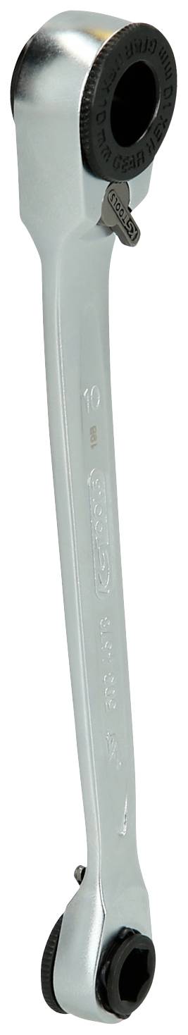 Ratschenschlüssel mit silbernem Metallfinish, zeigt zwei Enden für verschiedene Schraubengrößen. Werkzeug für mechanische Arbeiten.