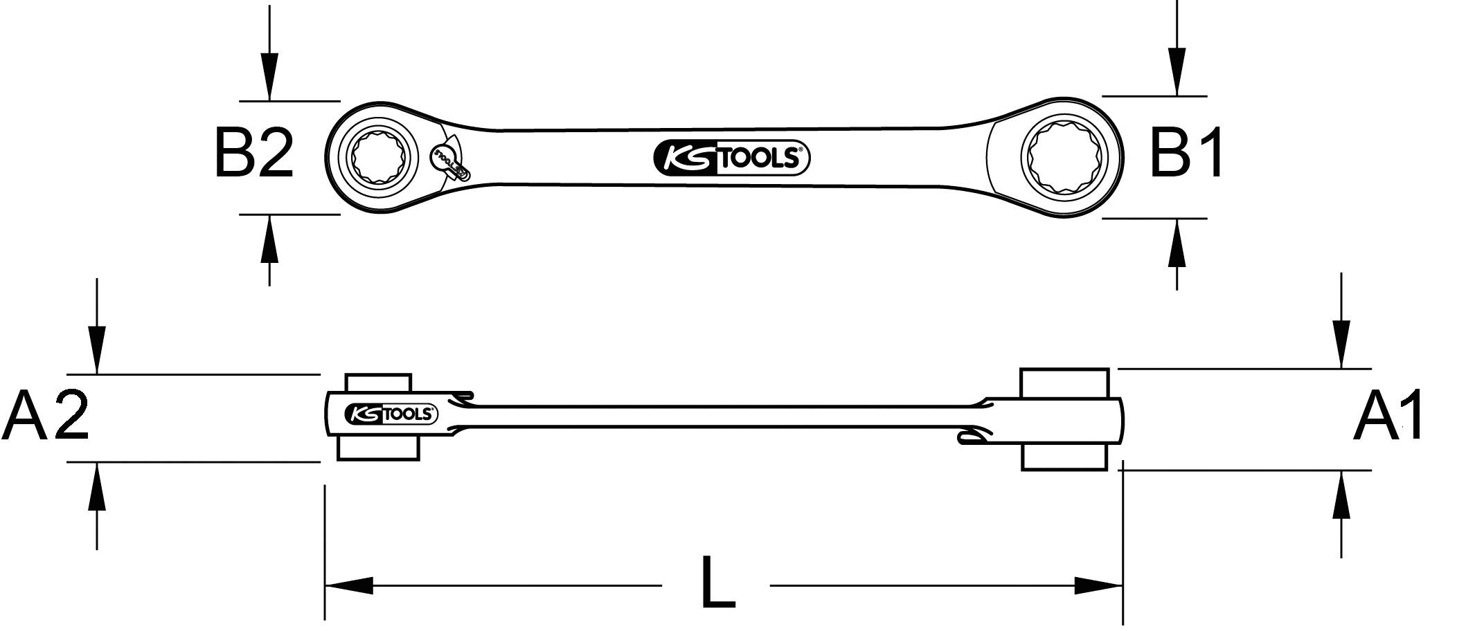 Abbildung eines doppelseitigen Schraubenschlüssels mit Maßen: B1, B2, A1, A2 und L, sowie dem Logo 'KS Tools' in der Mitte.