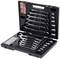 Ein geöffneter schwarzer Koffer mit einem Sortiment von Schraubenschlüsseln und Steckschlüsseleinsätzen, gut organisiert.