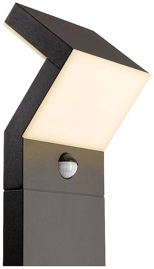 Schwarze Außenleuchte mit integriertem Bewegungsmelder und weißem, nach unten geneigtem Leuchtkörper, geeignet für Gartenbereiche.