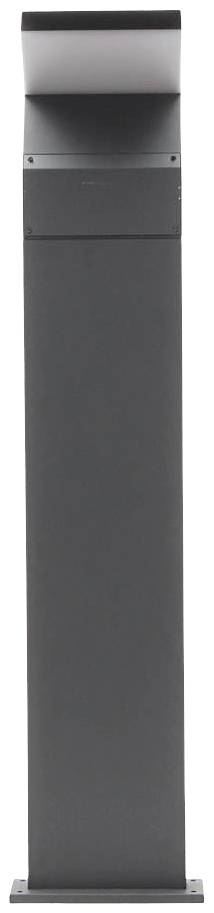 Eine quadratische, schwarze Pollerleuchte mit einem rechteckigen, aufwärts gerichteten Lampenschirm, aufrecht stehend.