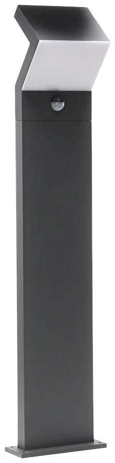 Schwarze Außenstehleuchte mit rechteckigem Sockel und schräger Abdeckung oben, geeignet für Gehwege oder Gärten.